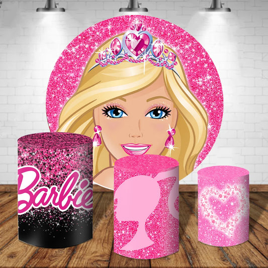 Disney Pink Girl Barbie  Doll Birthday Party  Baby Shower Decoration Backdrops Covers Photography  Cylinder Studio Props